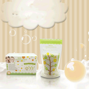 Baby care products including a box and a bag with tree graphics on a light background.