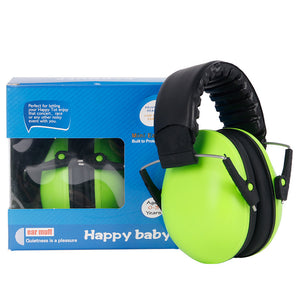 Green baby ear muffs with packaging on a white background