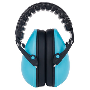 Blue and black ear protectors on a white background