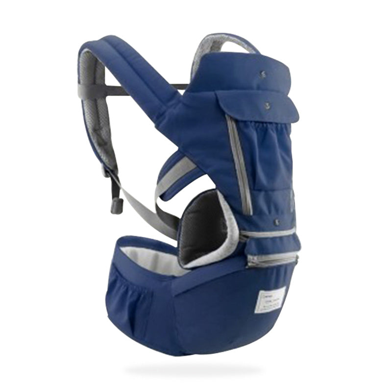Blue baby carrier with gray accents on a white background
