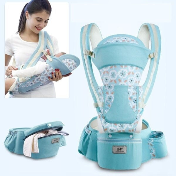 Blue baby carrier with floral pattern on a white background