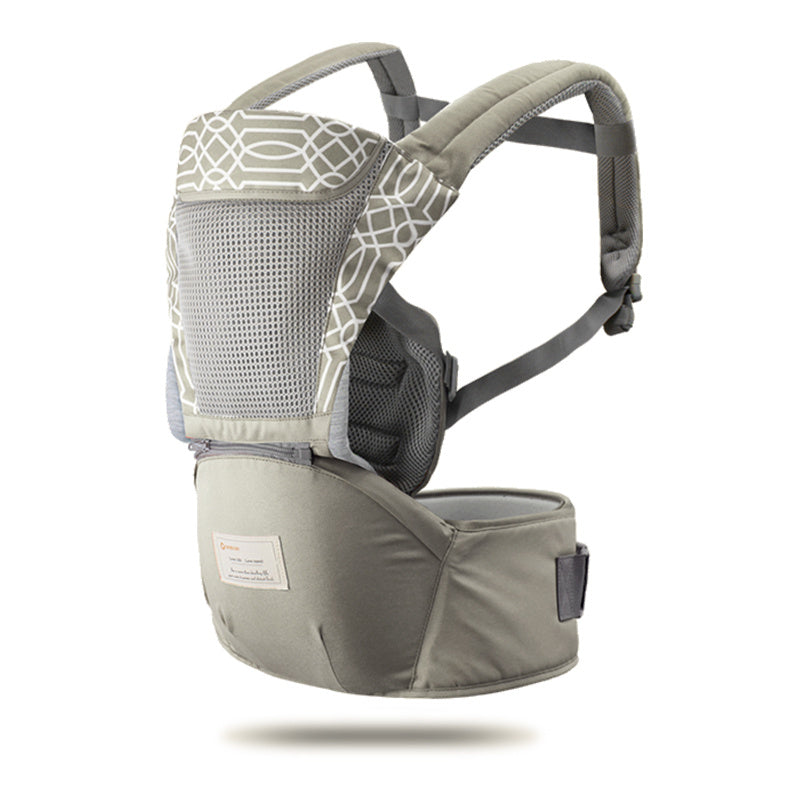 Gray baby carrier with geometric pattern on a white background