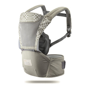 Gray baby carrier with geometric pattern on a white background