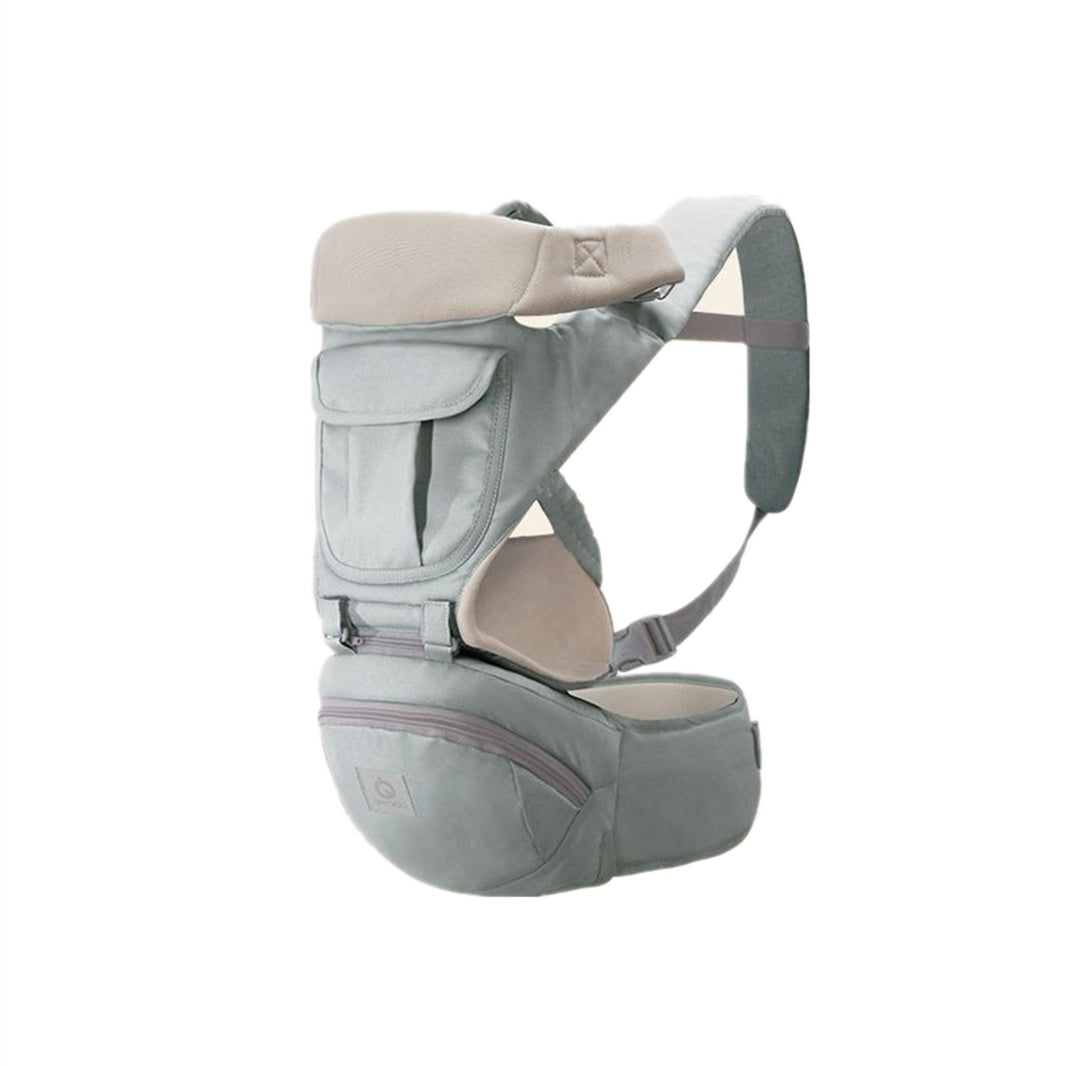 Gray baby carrier with beige accents on a white background