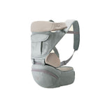 Gray baby carrier with beige accents on a white background
