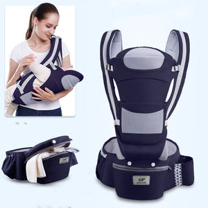 Baby carrier with a woman using it on a light blue background