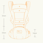 Outline of a baby carrier with dimensions labeled on a white background