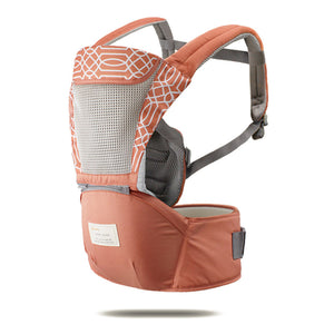 Baby carrier with orange and gray design on a white background