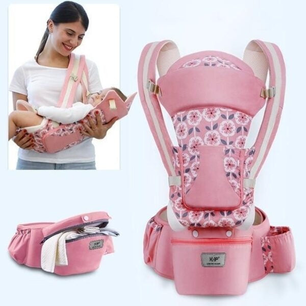 Pink floral baby carrier with a woman using it and a close-up of the product on a white background.