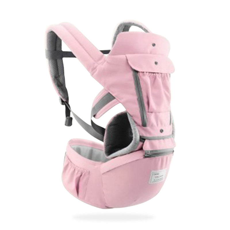 Pink baby carrier with gray accents on a white background