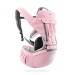 Pink baby carrier with gray accents on a white background