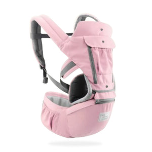 Pink baby carrier with gray accents on a white background