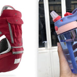 Red baby carrier and blue water bottle with pink lid on a white background