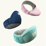 Three baby carriers in blue, pink, and green on a white background