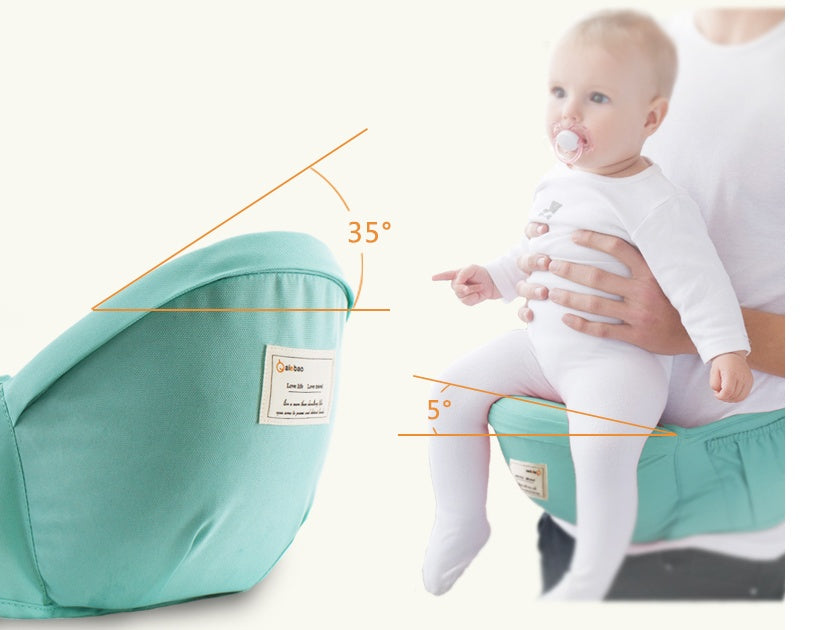 Baby in a green baby carrier with measurements indicated