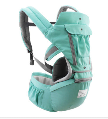 Turquoise baby carrier with gray straps on a white background
