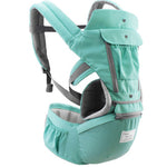 Turquoise baby carrier with gray straps on a white background
