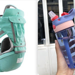 Teal baby carrier on the left and a blue water bottle with a pink lid on the right.