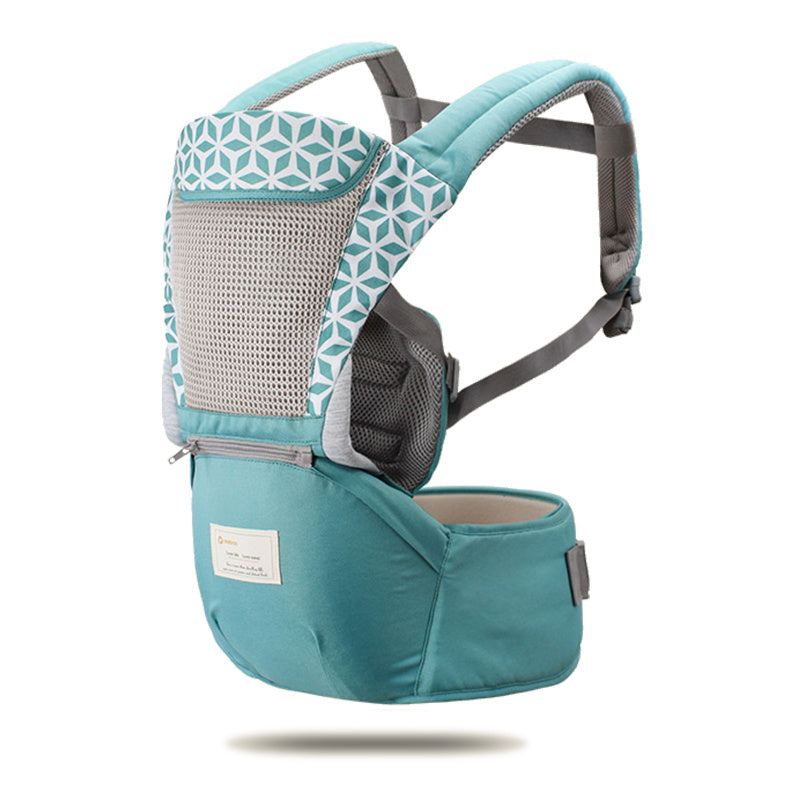 Teal baby carrier with gray and white patterned backrest on a white background