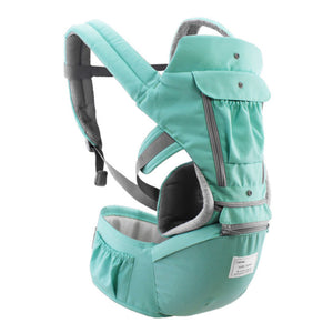 Turquoise baby carrier with gray accents on a white background