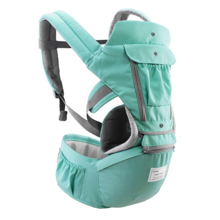 Turquoise baby carrier with gray accents on a white background