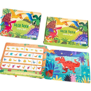 Colorful dinosaur-themed busy book with open pages showing illustrations.