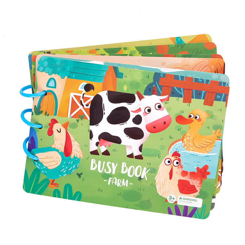 Colorful children's busy book with farm animals on a white background