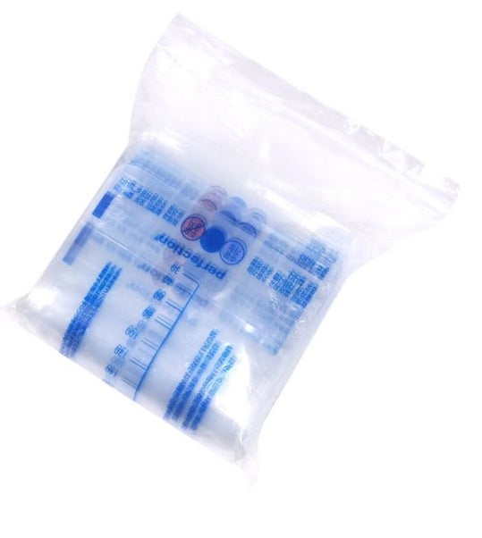 Clear plastic bag with blue text and a logo on a white background