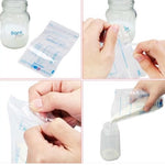 Step-by-step process of using breast milk storage bags with a jar labeled 'Born Free'.