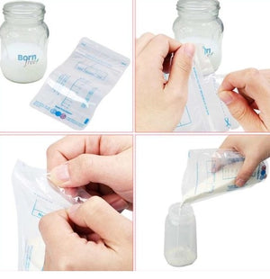 Step-by-step process of using breast milk storage bags with a jar labeled 'Born Free'.