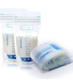 Roll and containers of breast milk storage bags on a white background