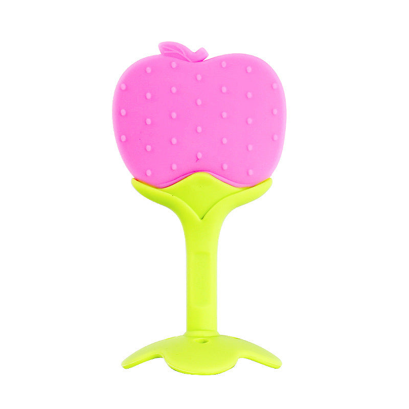 Pink apple-shaped toy with a green stem on a white background