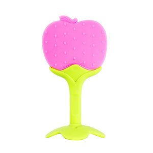 Pink apple-shaped toy with a green stem on a white background