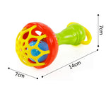 Colorful baby rattle toy with dimensions on a white background