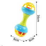 Colorful baby toy with dimensions labeled on a white background