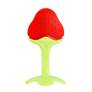 Red strawberry-shaped teether with a green base on a white background