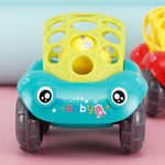Toy car with a yellow top and blue body featuring 'Baby' on a pink background