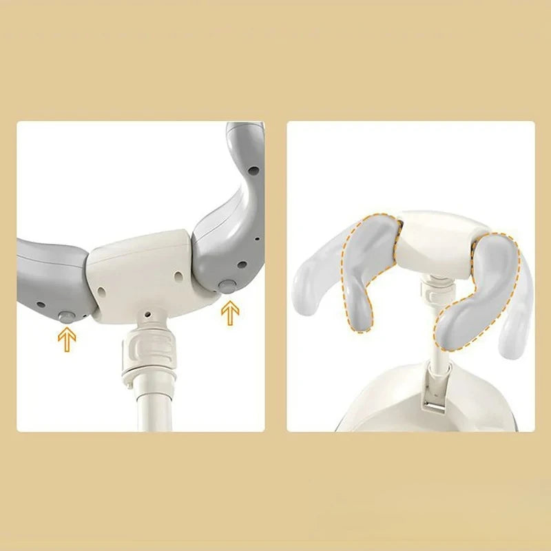 Two views of a white and gray mechanical arm on a beige background