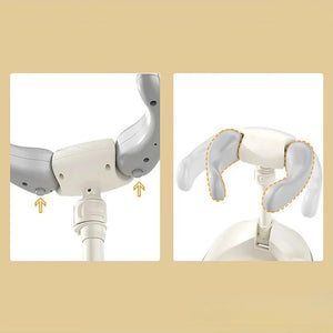 Two views of a white and gray mechanical arm on a beige background