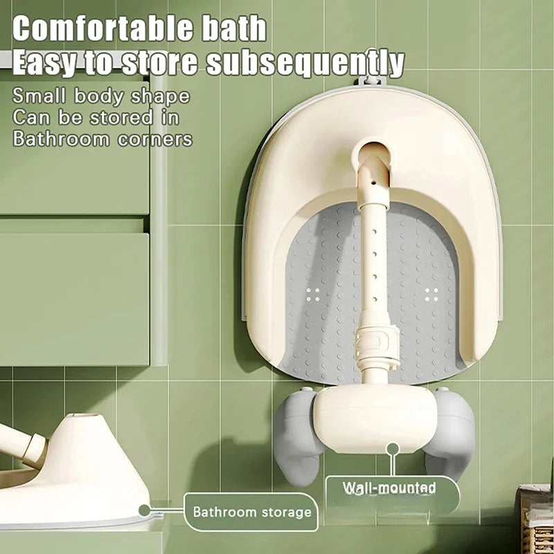 Wall-mounted bathroom storage solution with text on a green tiled wall background