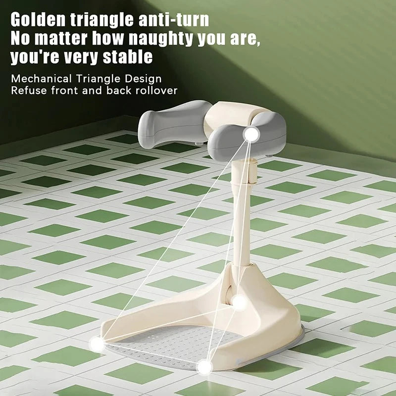 Mechanical device with text on a green and white tiled floor