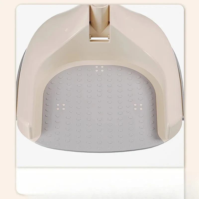 Beige and gray pet litter pan on a white background