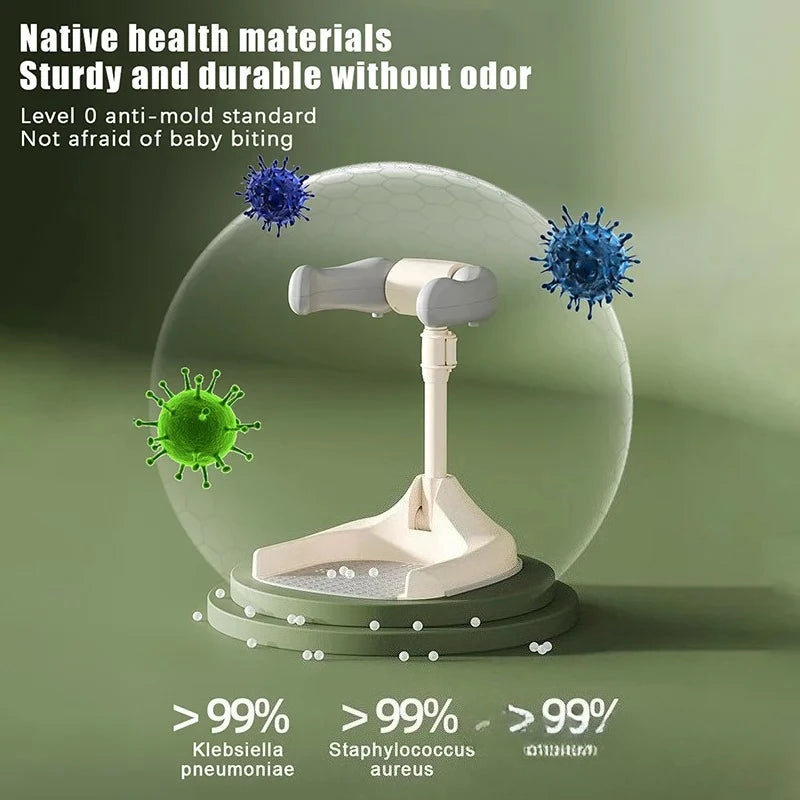 Product with text about health materials, durability, and anti-mold properties on a green background.