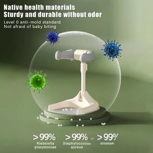 Product with text about health materials, durability, and anti-mold properties on a green background.
