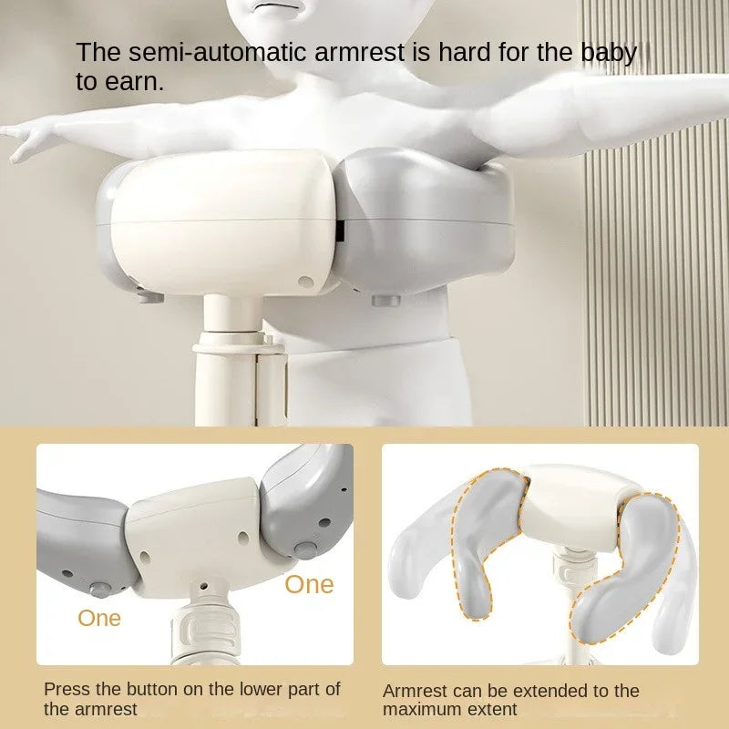 Semi-automatic armrest with text indicating difficulty for a baby to use, shown on a white background.