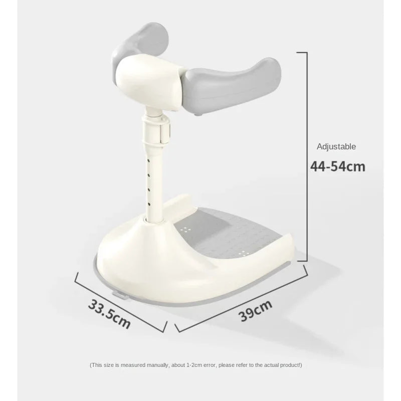 White adjustable stand with dimensions on a light gray background