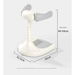 White adjustable stand with dimensions on a light gray background