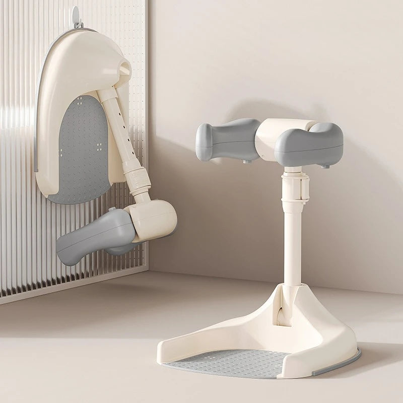 White and gray exercise device on a light surface with a neutral background