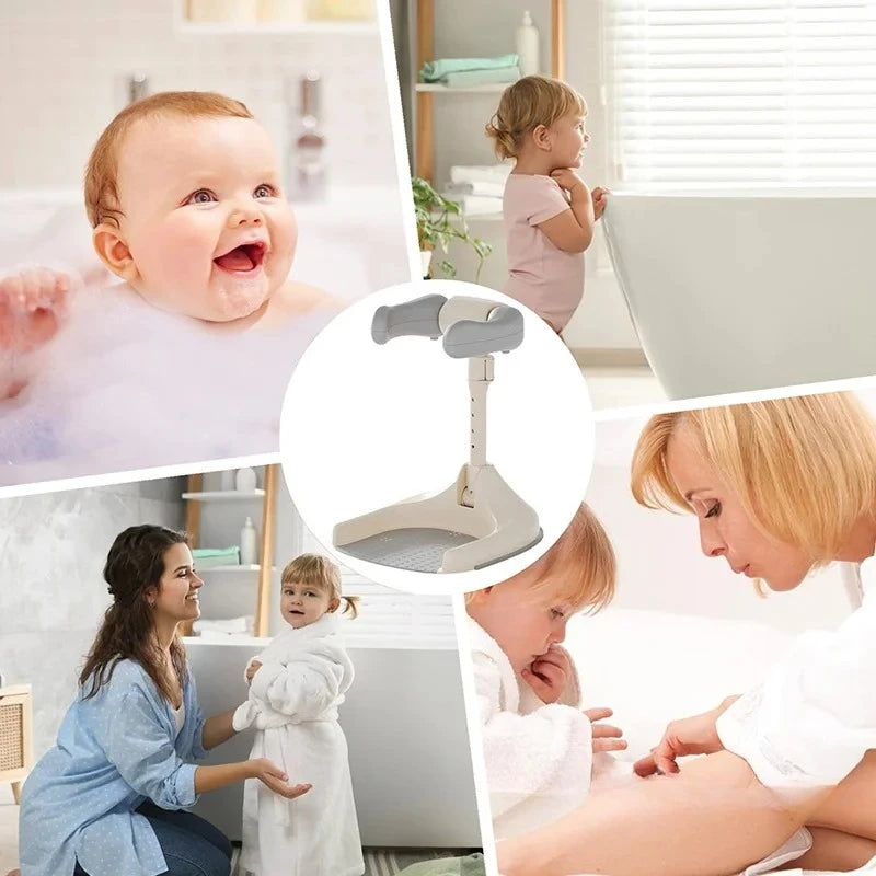 Collage of a baby in a bath, a child playing with a toy, a woman and child interacting, and a baby being held by a woman.