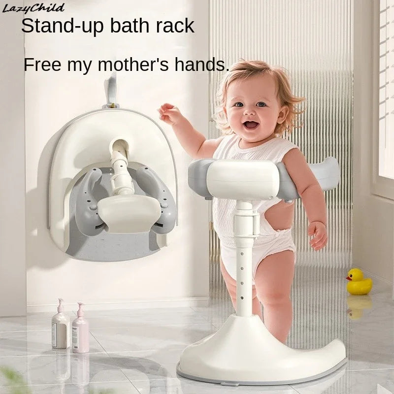 Baby using a stand-up bath rack with text 'Free my mother's hands.'